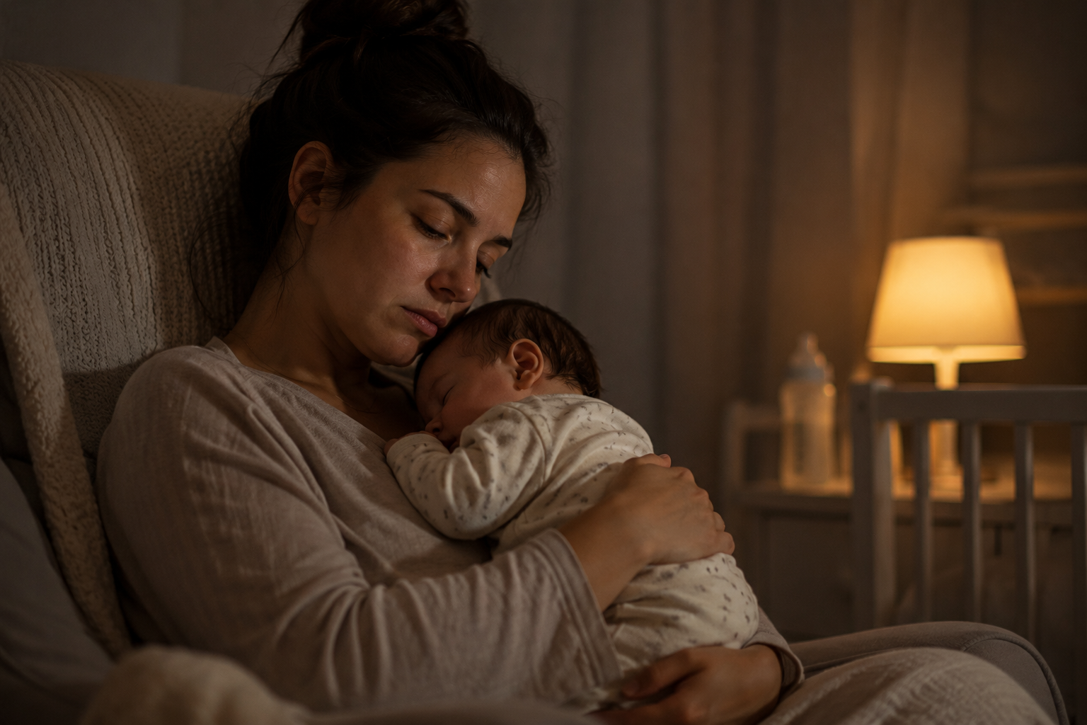 Mãe cansada segurando o bebê no colo durante a madrugada